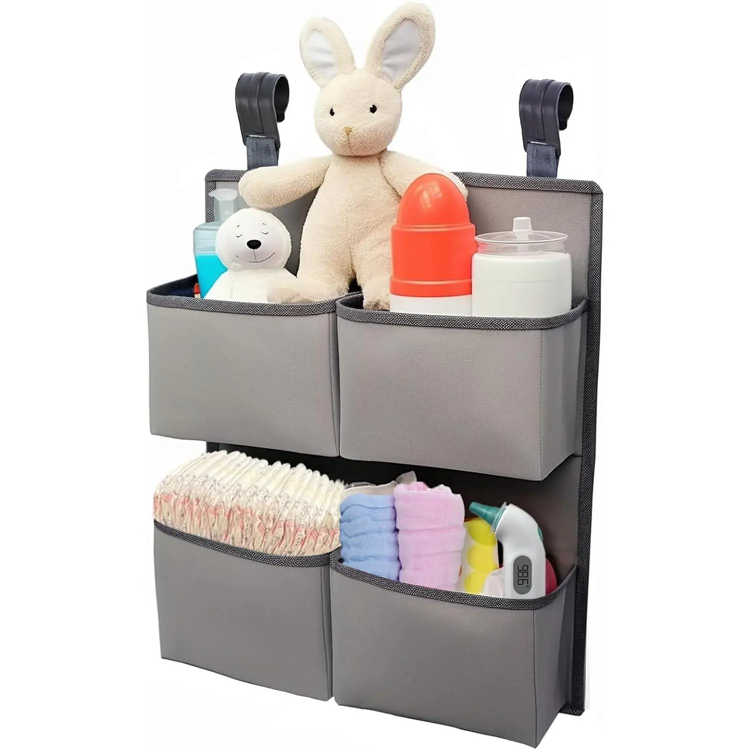 Hanging Diaper Organizer for Crib/Playpen/Bassinet Hold 80+ Diapers 4 Deep Pockets H19in x L15 in Changing Table Diaper Holder Hanging Diaper Storage Stacker Nursery Caddy Gray