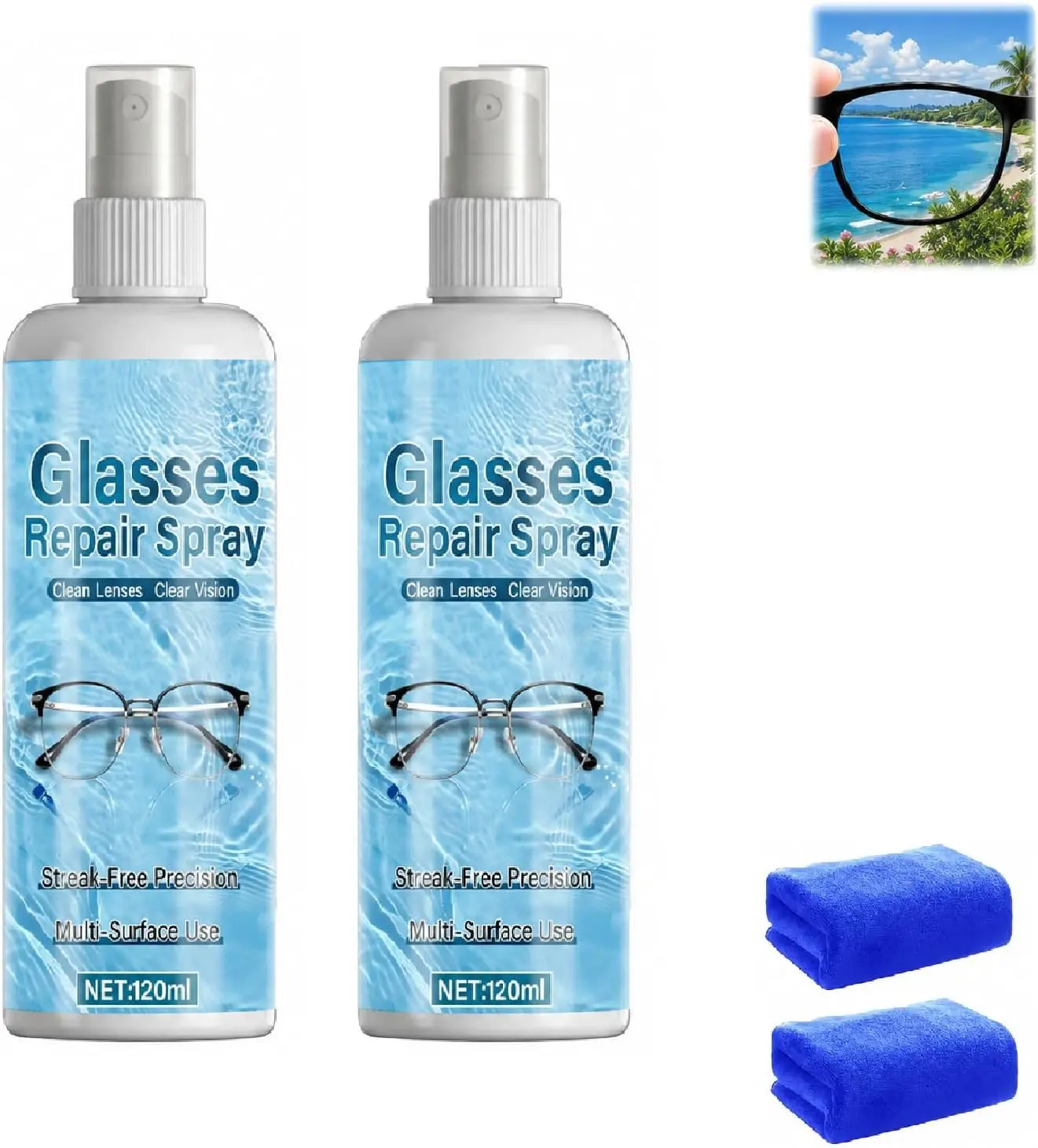 2PCS Eyeglass Scratch Remover, Eye Glass Cleaners Spray, Lens Scratch Remover for Eyeglasses & Sunglasses, Streak-Free Lens Cleaning Kit with Cloths