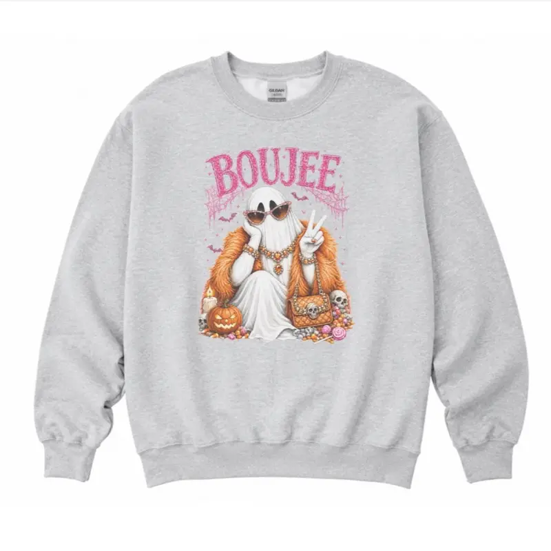 Boojee Ghost Pink Faux Glitter Sweatshirt - Ash Grey - Sublimation - Spooky - Unisex Jersey Sweatshirt Casual Basic