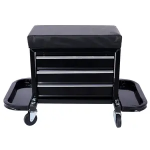 Mechanic Roller Seat with Tool Box, 3-Drawer Rolling Tool Chest Stool with Padded Seat Cushion, 350 LBS Capacity Padded Mechanic Stool with Side Tool Trays for Home, Garage, Workshop