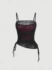 LALUZ Women's Side Drawstring Lace Cami Top Going Out Sexy Cropped Sleeveless Y2K Summer Tank Top Clubwear Adjustable Trendy
