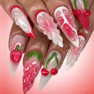 10 Press-On Nails Reusable Unique Design Cherry Strawberry Mango Handmade False Nails, Nail Art Supplies for Women & Girls Almond Fake Nails