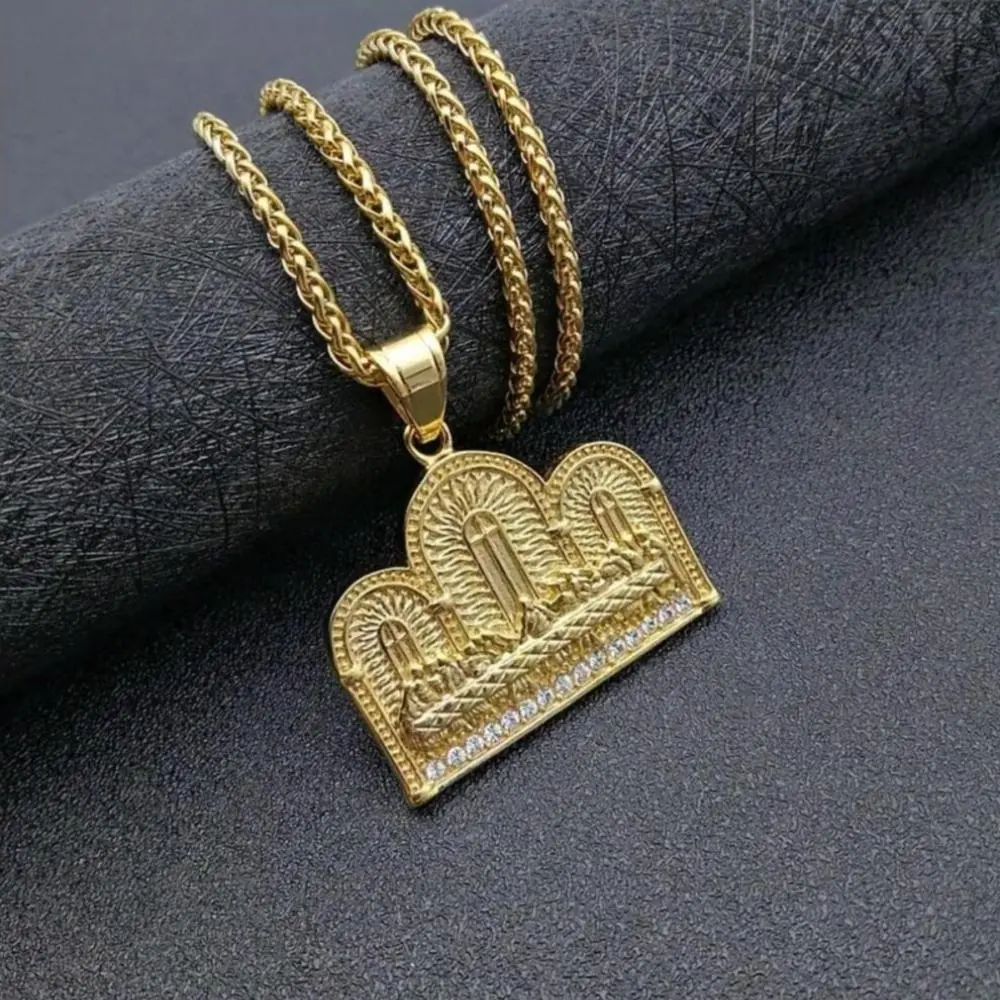 Last Supper Cubic Zirconia Iced Pendant Unisex 14k Gold Plated Stainless Steel 24inch Rope Chain Necklace