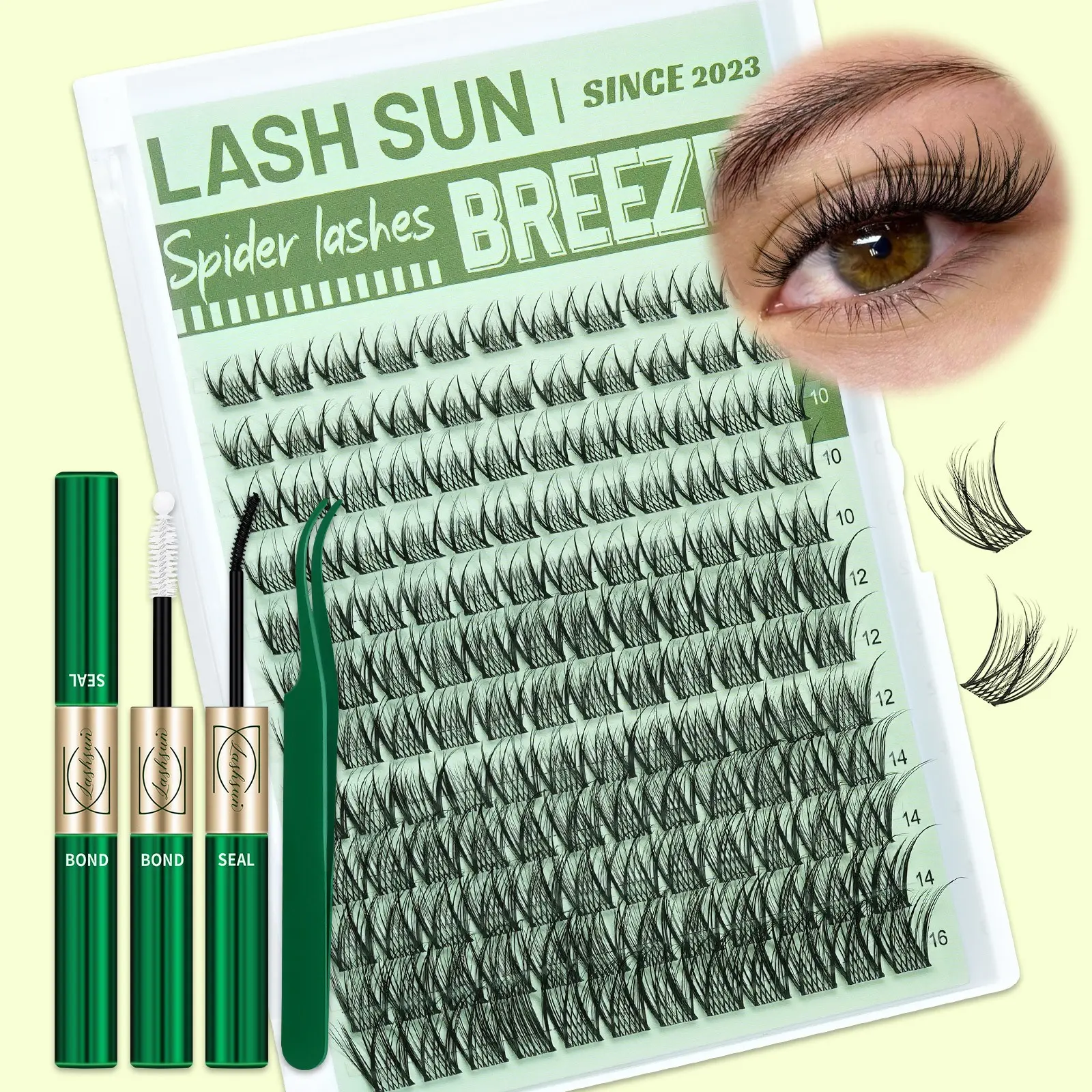 Lashsun Spider Breeze Lash Clusters Kit, Wispy Natural Eyelash Clusters D Curl 8-16mm Cluster Eyelash Extensions Reusable Individual Lashes with Invisible Band for DIY at Home, Kit with Bond&Seal Tweezers, False Eyelashes Clusters