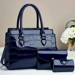 Elegant Navy Blue Crocodile Texture Handbag Set with Matching Wallet and Pouch for Women