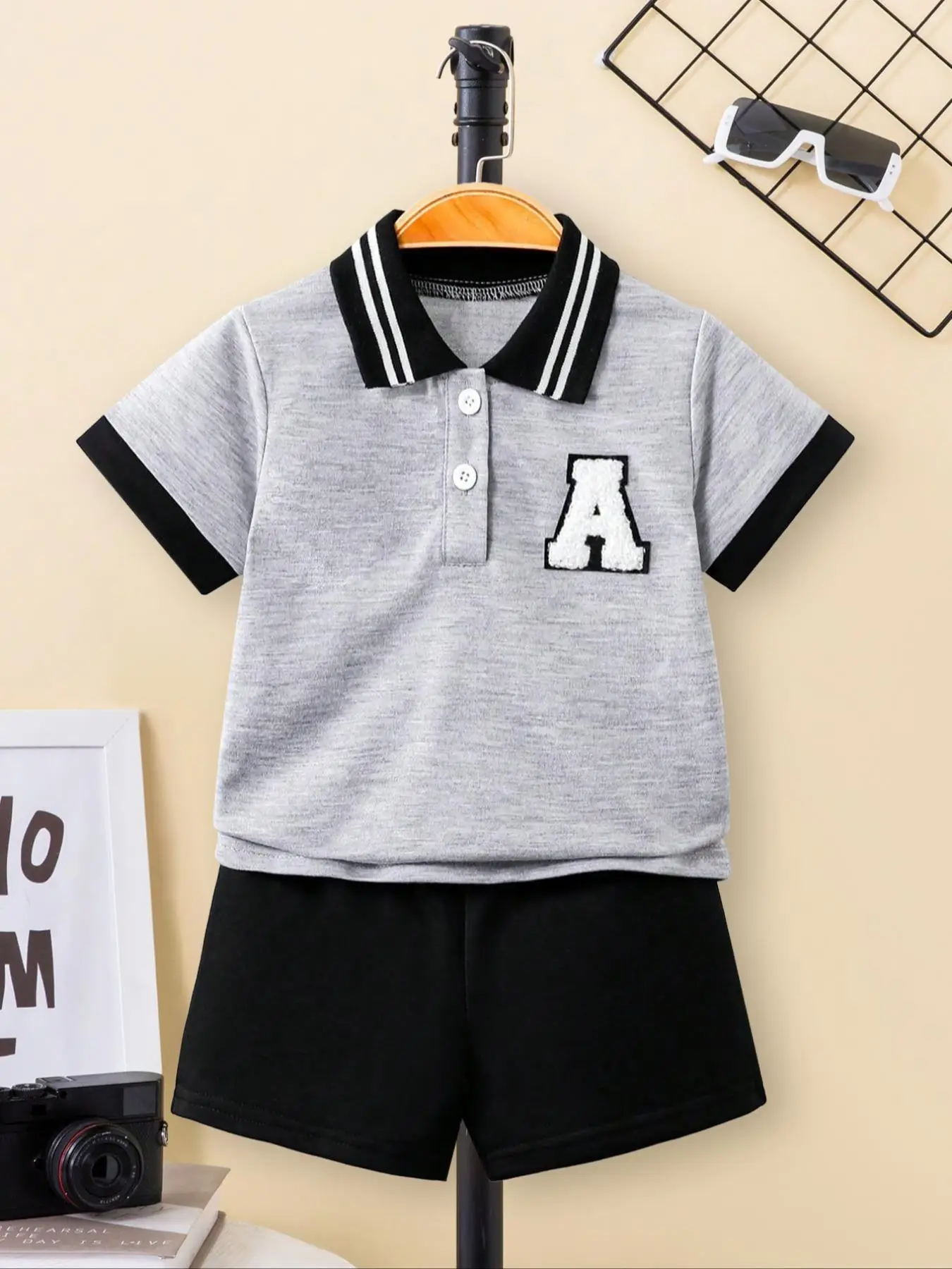 Two-Piece Set Toddler Boy's Letter Embroidery Short Sleeve Polo Shirt & Shorts Set, Casual Fashion Cozy Top & Shorts for Daily Outdoor Wear, Kids Clot