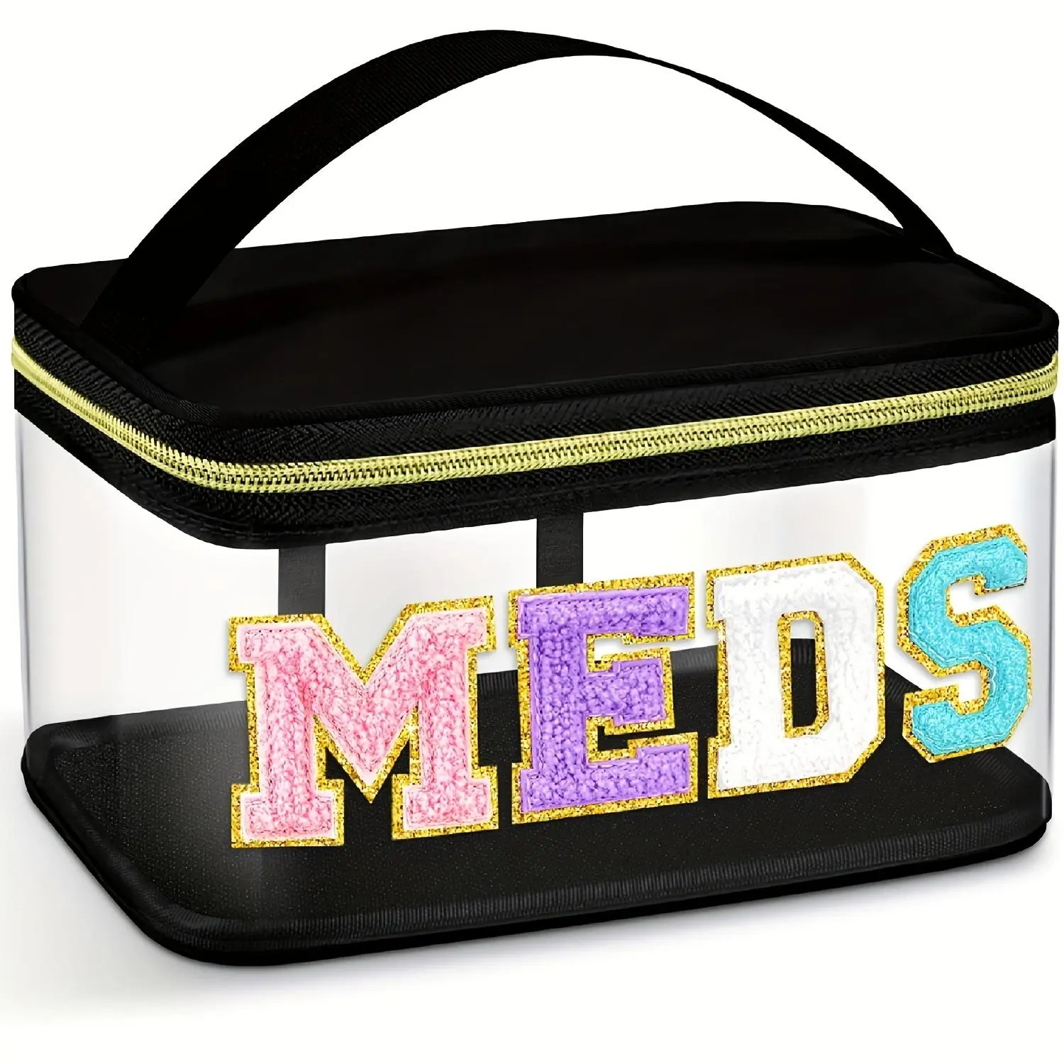 Waterproof PVC Makeup Bag with Plush Chenille Meds Letter, Large Capacity Travel Storage Bag, Zipper Closure, Easy Clean, College Style Patchwork, Makeup Organizer Pouch, Cosmetic Bag, Travel Cosmetic Bags, Cosmetics Bag