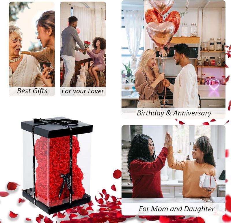 Wedding Rose Teddy Bear with LED Light in Clear Gift Box for Women Valentines Girlfriend Birthday Gifts Romantic Souvenir