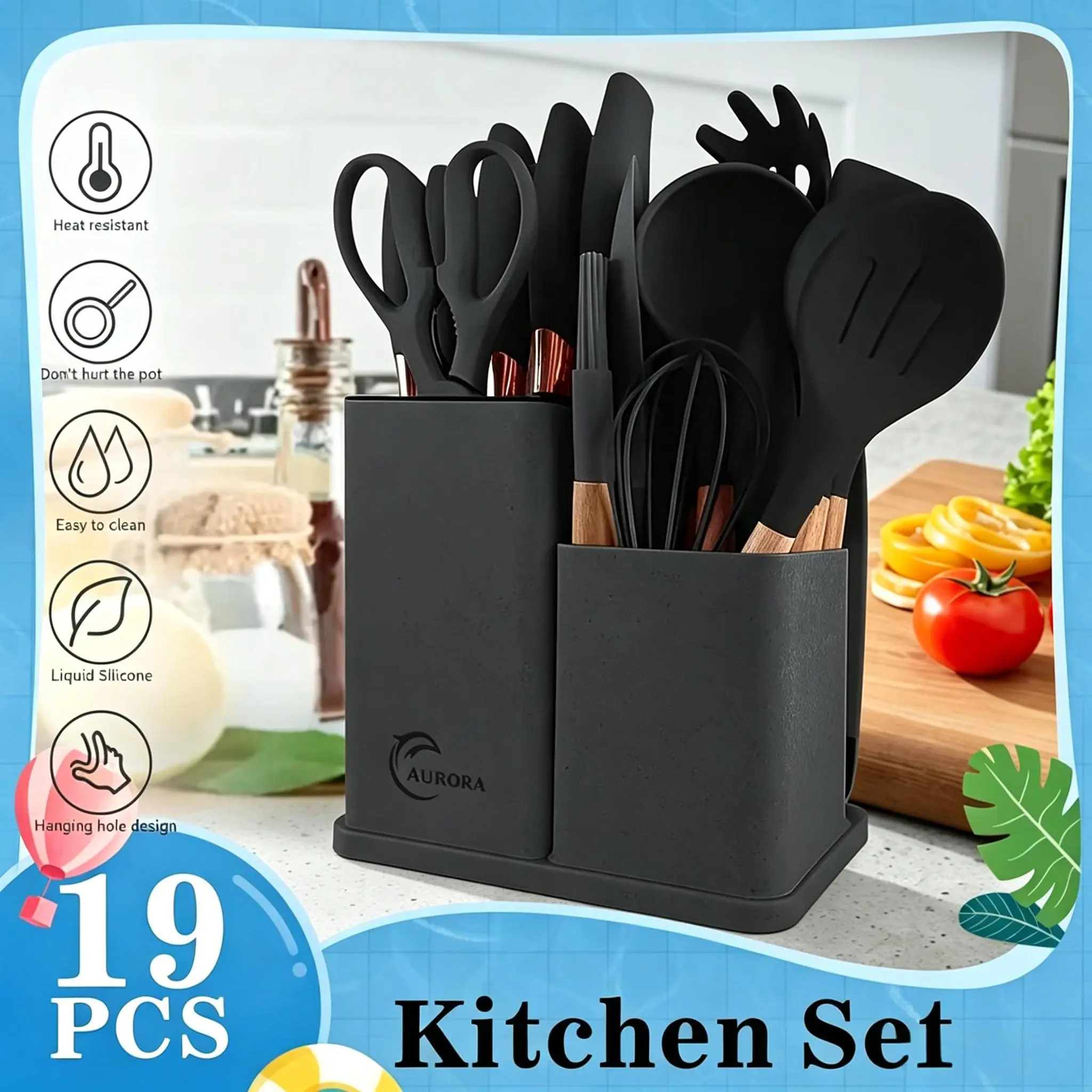 19-Piece Modern Heat-Resistant Silicone Kitchen Tool Set with Handle, Storage Rack & Stainless Steel Turner - Nonstick Pan Compatible Kitchen Accessories: Fruit Knife, Scissors, Peeler, Pasta Spoon, Whisk, Spoons, Tongs, Perfect Gift Set