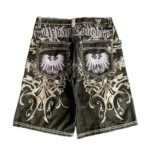 2000s Streetwear American Denim Shorts Mens Hip Hop Embroidery Printed Loose Shorts Gothic Retro Fashion Casual Basketball Short