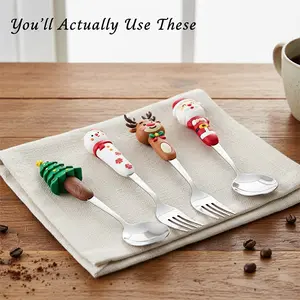 Christmas Dessert Spoon Fork Set with Gift Box | Gold Holiday Tableware | Kids Friendly Festive Cutlery | Xmas Party Table Setting Decoration