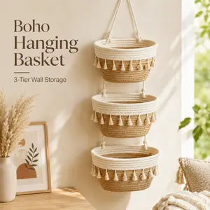 Woven cotton 3-Tier Over the Door Basket, Wall-Mounted Jute Bathroom Storage Organizer – Decorative Nursery Baskets, Perfect for Busy Mom/Dad to Store Diapers & Toys small basket Gift Hook laundry basket house organizers