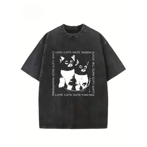 Love Cats' creative pattern printed T-shirt- Heavy 230g cotton, washed T-shirt, dropped shoulder T-shirt, men's vintage street T-shirt, basic T-shirt, loose hip-hop unisex top, washed vintage T-shirt