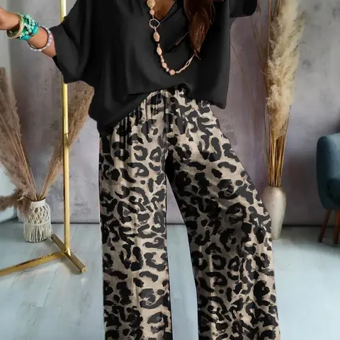 [Plus Size]Top & Leopard Print Loose Wide-Leg Pants Two-Piece Set, Casual Fashion Oversize Cozy Top & Pants for Daily Outdoor Wear, Women's Two-Piece Set for All Seasons, Casual Summer Clothing Set, Casual Chic Set
