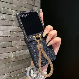 Luxurious shiny Faux diamond rhinestone Glitter Lanyard Cellphone Case For Moto Razr 50 60 Ultra 2025 + 2024 Protective 3-PIECE Hard Cover Protector Accessories