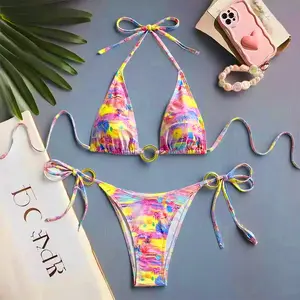 two-piece bikini | Macaron tropical style | Women's full body printed bikini | Women's swimsuit suitable for beach vacations, hot springs, and all seasons