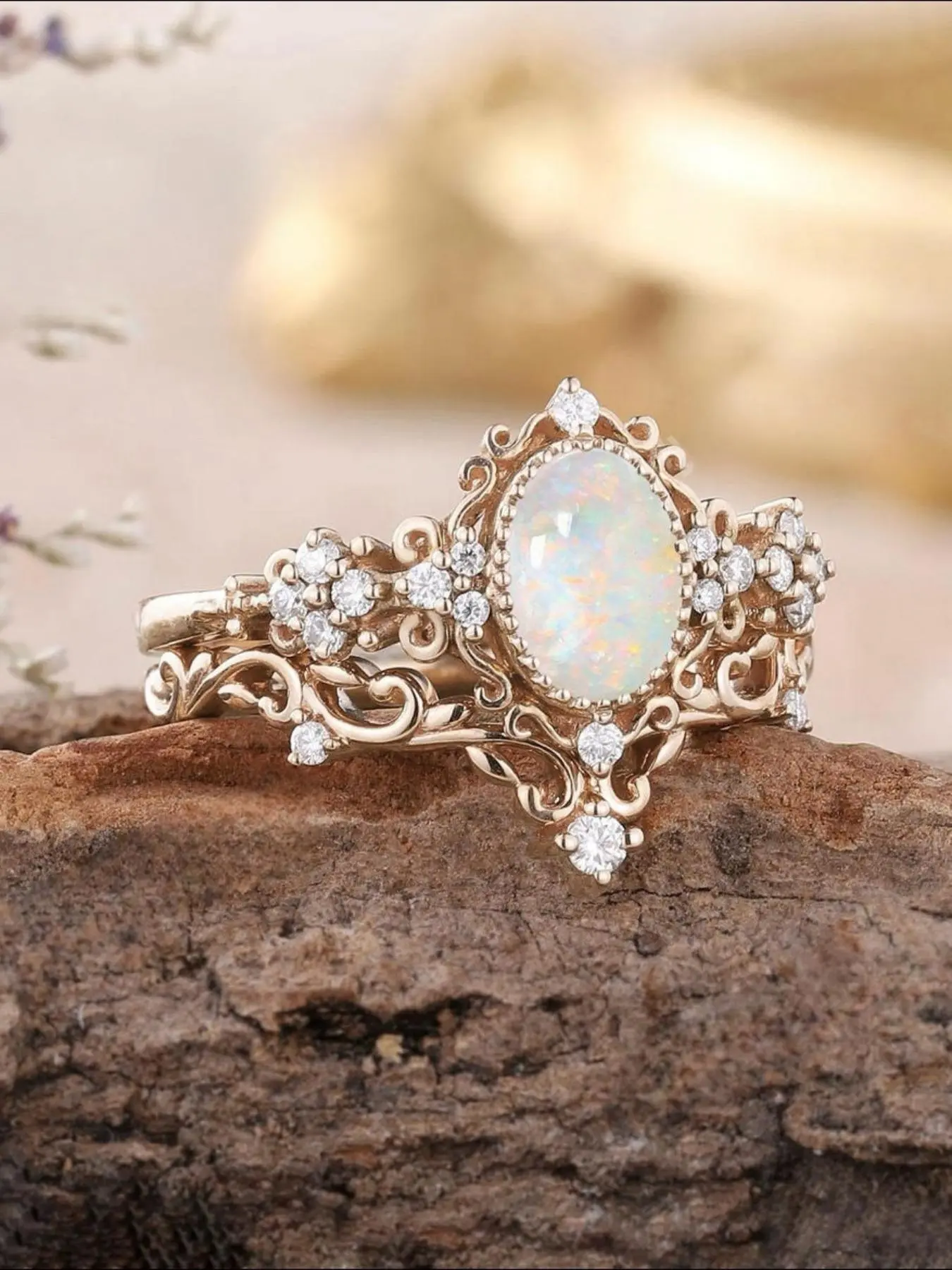 Vintage Oval Opal Decorated Ring, Aurora Ring, Beautiful Rings, Fashion Accessories for Women, Trendy All-match & Exquisite Jewelry for Birthday Gift