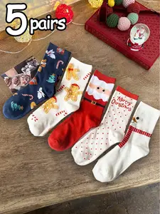 5 Pairs Christmas Cookie Reindeer Pattern Crew Socks, Comfortable Versatile Design, Perfect for Holiday Wear, Festive Fashion Accessories