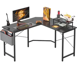 L Shaped Gaming Desk, 47.2 inch Computer Corner Desk with with Carbon Fiber Surface and Monitor Shelf for Home Office Study Writing Workstation, Black