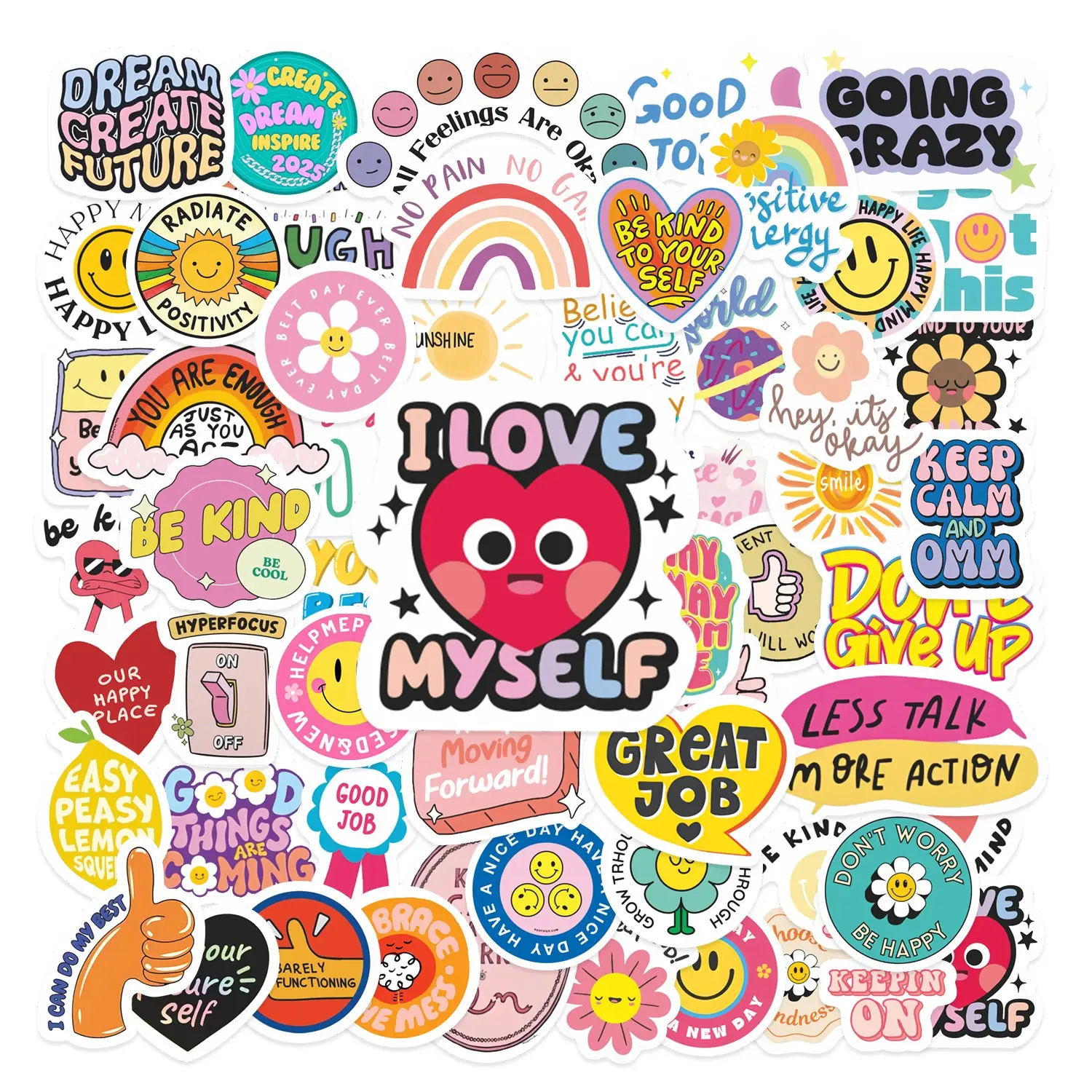 55pcs Colorful Self Love & Positive Vibes Stickers Kit, DIY Art Stickers, Fun Stickers, Sticker Collage Pack, Waterproof Motivational Inspirational Quote Decals for Laptop, Water Bottle, Journal & Scrapbook, Mental Health Gift