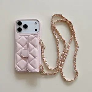 Cherry Blossom Pink Quilted Chain Crossbody Phone Case with Card Slot for IP 17PROMAX & 16/15/14/13 Leather Hard Cover Metal Adjustable Strap