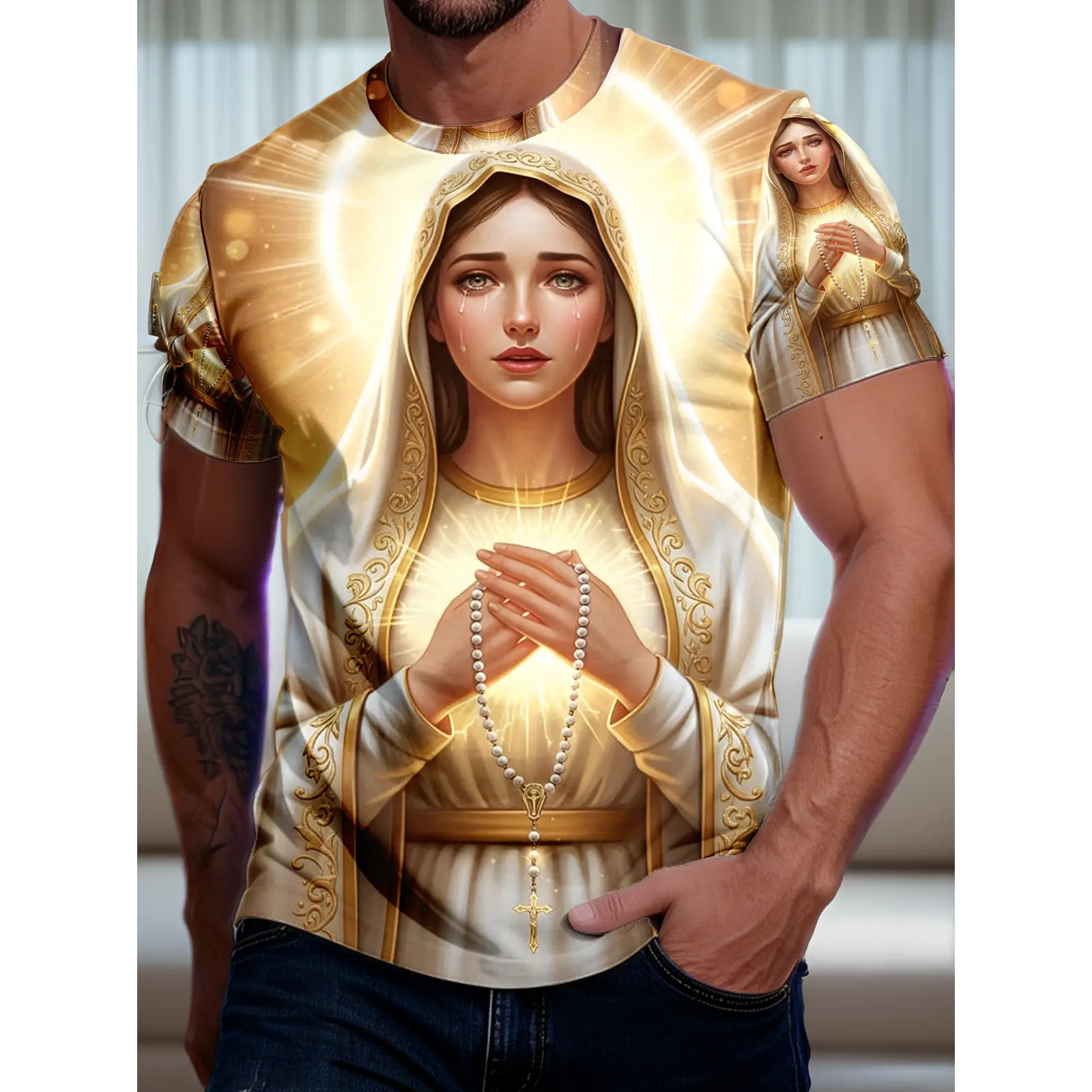 1pc Halo Rosary Short-Sleeve T-Shirt - Casual Round Neck Tee with Rosary Prayer Beads, Machine Washable Suitable for Casual Attire, Sports & Gift, Spring Summer Fall Apparel for, PLUS SIZE