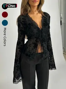 Women's Plants Print Tie Front Top, Casual Long Sleeve  Top for Spring, Women's Clothing for Daily Wear