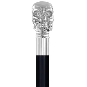 Skull Premium Chrome Brass Flask Cane: Wood Shaft Hidden Flask