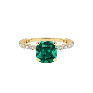 Earth Shine Cushion Green Emerald and 1.8mm Round Pavé Diamond Engagement Ring - Elegant Design with Side Stones