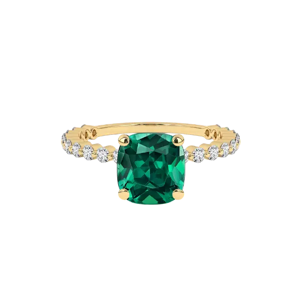 Earth Shine Cushion Green Emerald and 1.8mm Round Pavé Diamond Engagement Ring - Elegant Design with Side Stones
