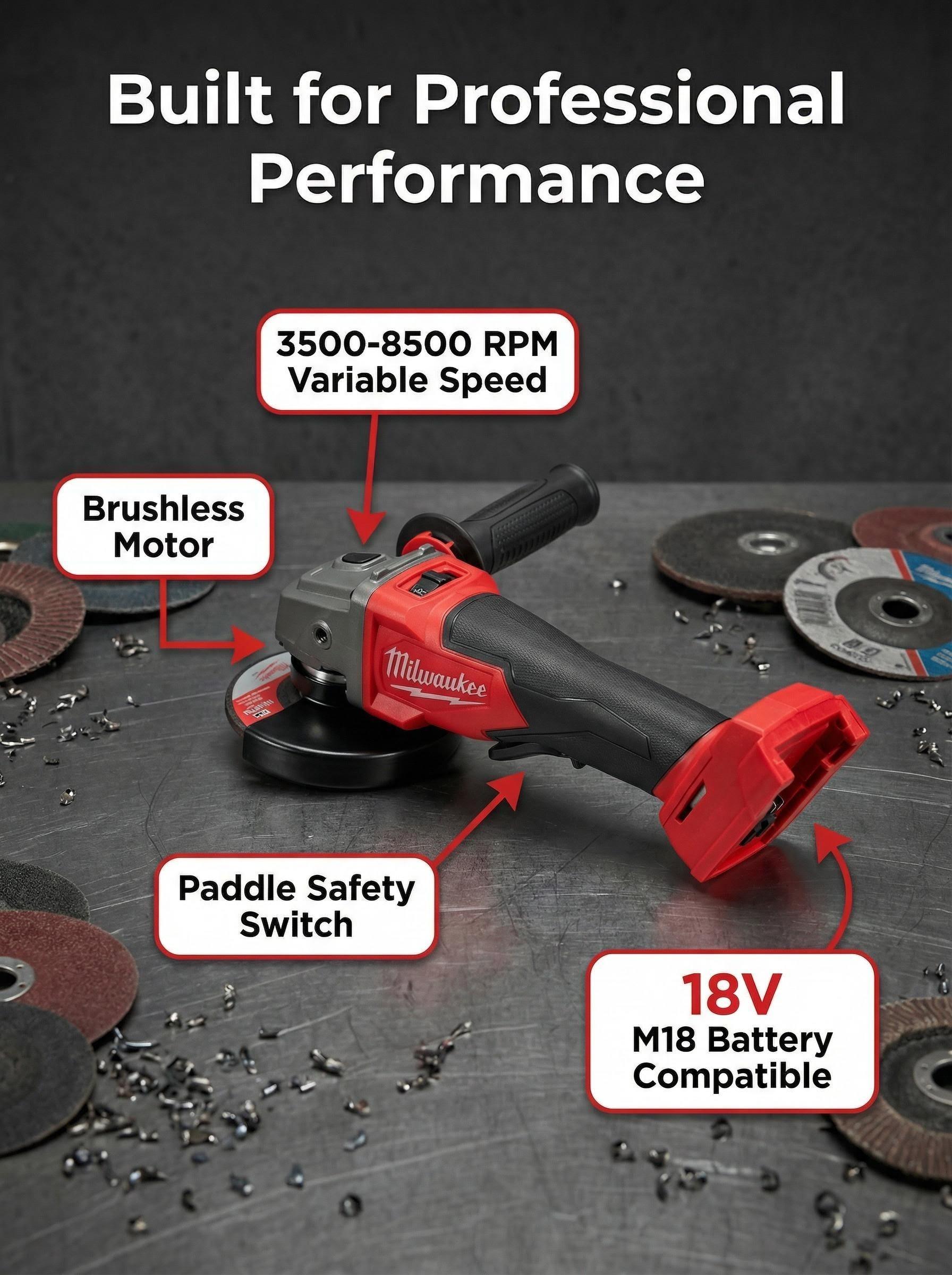 Milwaukee 125mm Brushless Angle Grinder 18V for Construction and Fabrication