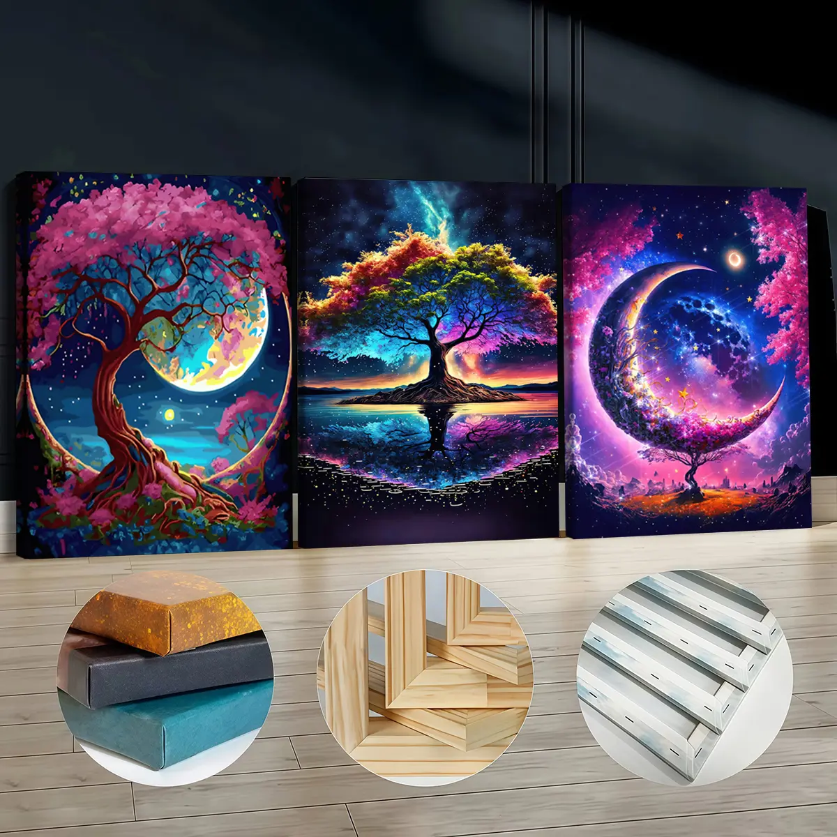 3Pcs Artistic Pine Wood Framed Canvas Print Set - Fantasy Tree Of Life & Crescent Moon Design, Decorative Home Supplies, Odorless Wall Art for Living Room, Office
