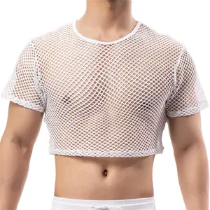 Sexy Mens Undershirts Transparent Mesh Crop Tops Fishnet Hollow Out T Shirts Sport Fitness Vests Nightclub Short Tees Sheer Tops
