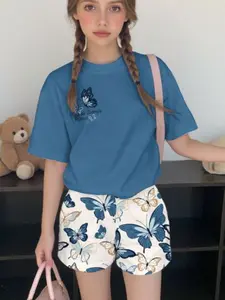 Summer Girls' Casual Short Sleeve Top and Shorts Set, Butterfly Colorblock Print, Two-Piece, Street Style, Youth Clothing, Casual Fashion Set, Casual Outfit Set