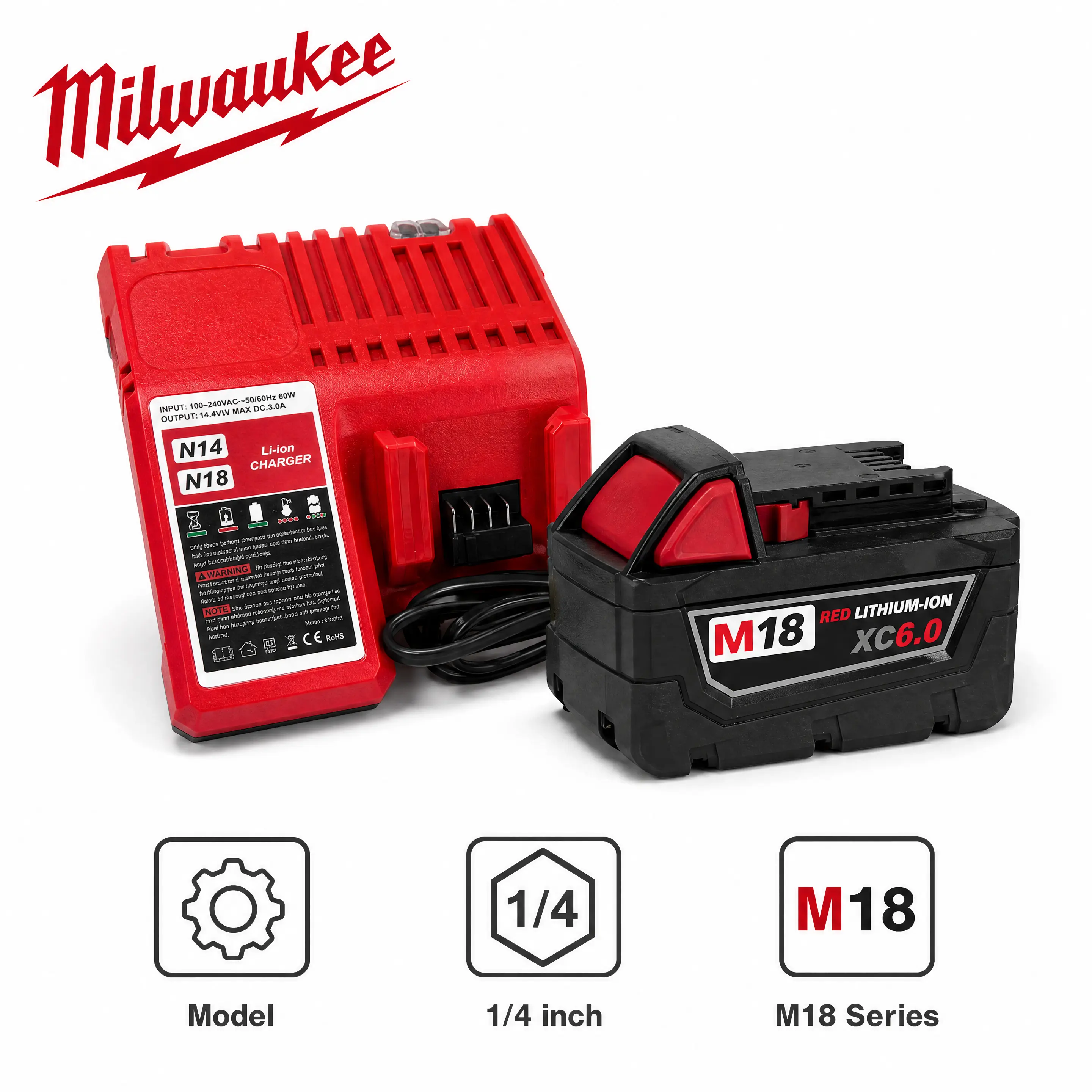 Milwaukee M18 Lithium Energy Pack & Matching Charger Kit Fast Charging Cooling Accessory For Cordless Hand Tools Professional Tradesmen Construction Workshop Renovation Field Jobs
