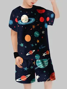 Boys' Space Themed Colorful Planet Set, Short Sleeve Shorts, Casual Fitted Two-Piece, Cartoon Print Design, Playful Pattern, Youth Kits