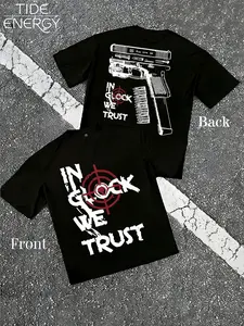 Men's 'in Glock We Trust' Gun Print Loose T-Shirt, Punk Dark Hip Hop Streetwear Top, Casual Short Sleeve Graphic Tee