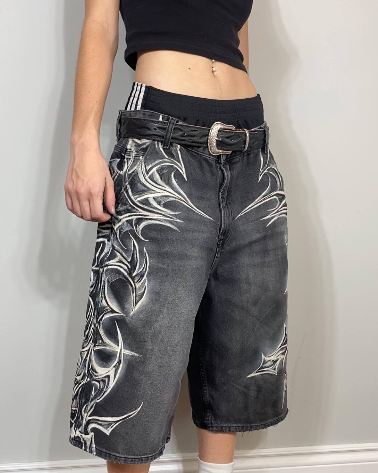 Noctra Retro Gothic Printed Denim Shorts