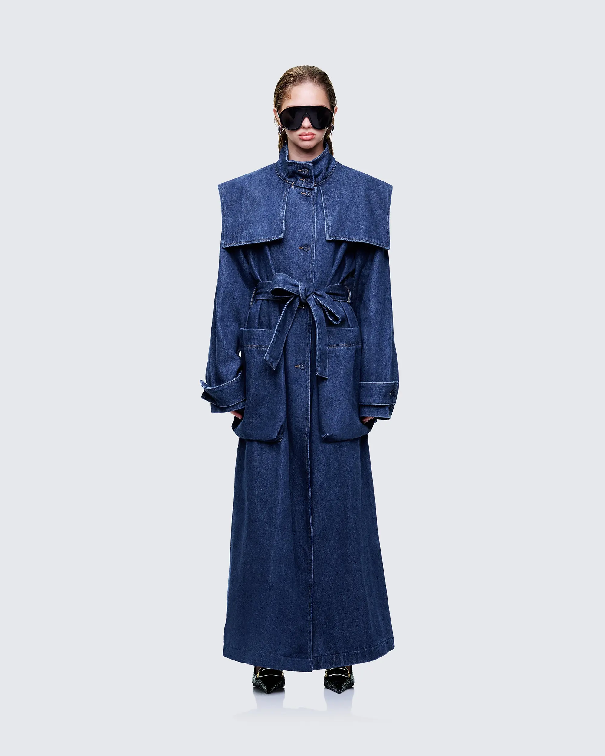 Women's Siaz Blue Belted Cotton Cape Denim Maxi Jacket Tops - Polyester-Blend Clothes, Street Style Outerwear, Street Style Vibes, Denim Jacket, Street Wear