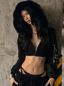 Fashionable Korean Faux Fur Patchwork Solid Color Short Hooded Sweatshirt Jacket, Fall & Winter Casual Style, Women's Outerwear Tops Womenswear