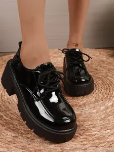 Women's PU Casual Shoes, Thick Sole Loafers, Lace-Up Design, Comfortable Daily Wear, Suitable for Leisure and Business, Office Shoes