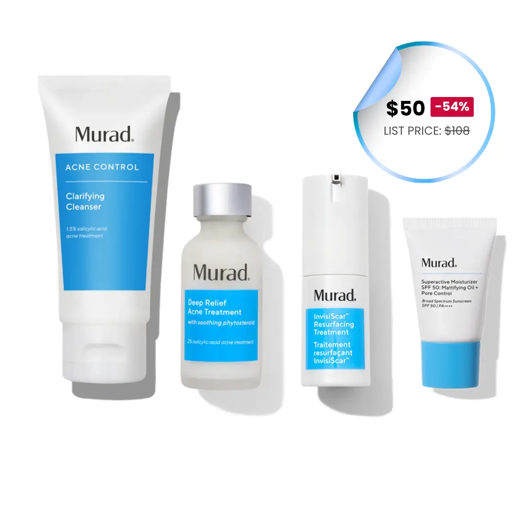 Murad 30-Day InvisiScar Kit | Acne Control Clarifying Cleanser (0.7 fl. oz.) + InvisiScar Resurfacing Treatment (0.5 fl. oz.) + Moisturizer SPF 50: Mattifying Oil & Pore Control (0.33 fl. oz.) + Deep Relief Acne Treatment (1.0 fl. oz.)