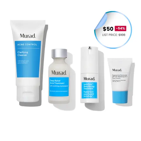 Murad Full Size 30-Day InvisiScar Skin Kit - Amino Acid Acne Control Cleanser, Vitamin C Resurfacing Treatment, Mattifying Oil & Pore Control Moisturizer SPF 50, Hyperpigmentation Bump Clearing Set (0.7/0.5/0.33/1.0 fl. oz.)