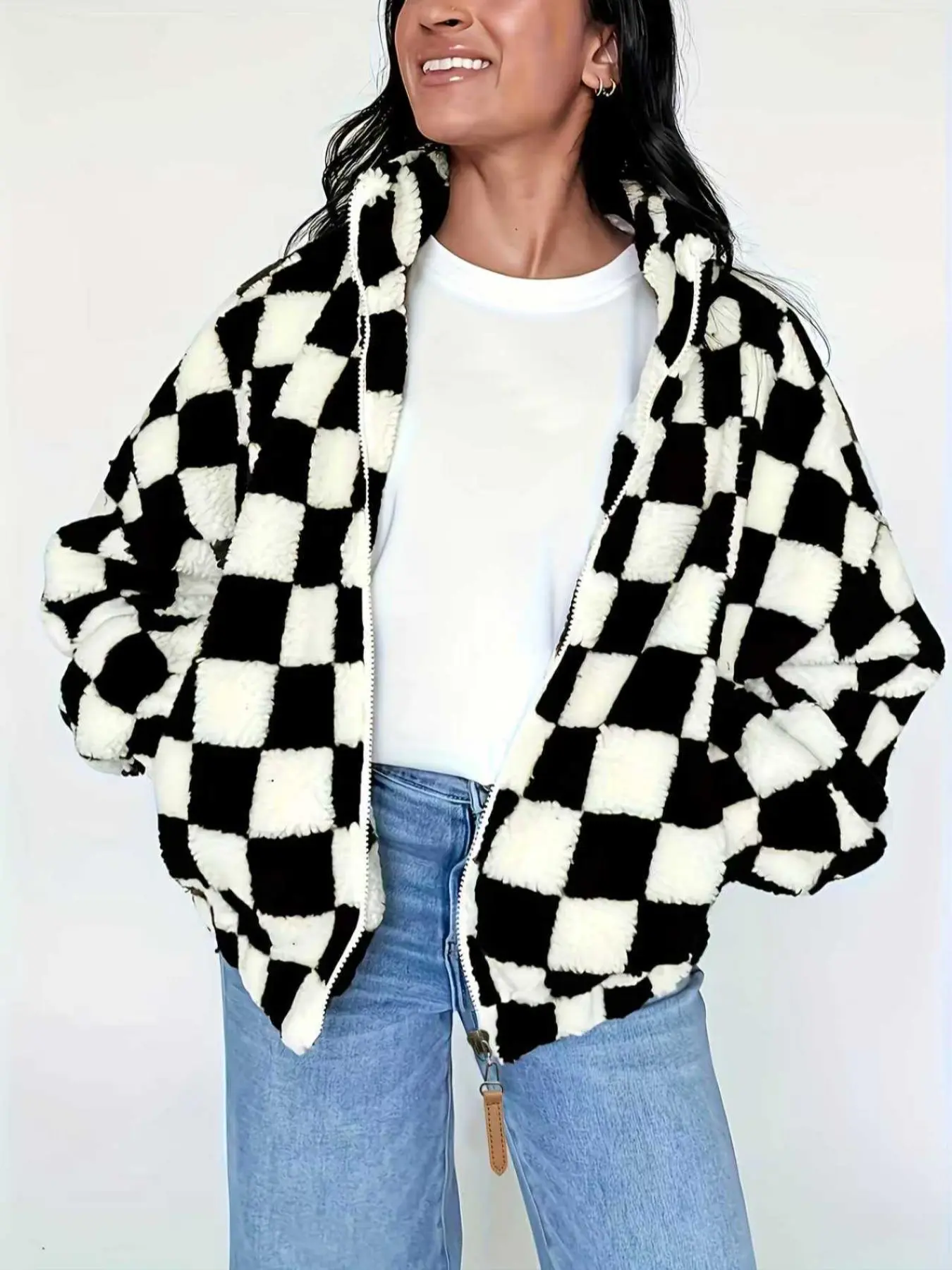 Long Sleeve Plaid Checkered Hooded Zipper Pocket Loose Warm Casual Outerwear Coats, Trendy Jacket for Leisure and Parties, Womenswear, Casual Outdoor Jacket, Everyday Jackets