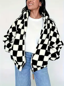 Long Sleeve Plaid Checkered Hooded Zipper Pocket Loose Warm Casual Outerwear Coats, Trendy Jacket for Leisure and Parties, Womenswear
