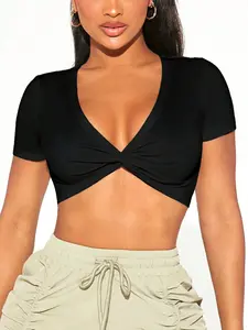 Summer Women's Solid Color Deep V-Neck Twist-Knot Cropped Slim Fitted Knit T-Shirt. Sexy and stylish, ideal for casual outings.