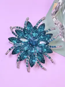 Teal Crystal Flower Brooch Pin