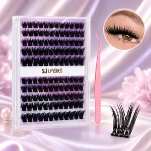SJ LASHES Pre-Glued Cluster Eyelash Kit – W-Shape Wide-Base Self-Adhesive Lashes, Create Natural/Glam/Wispy Styles Easily, Includes Applicator