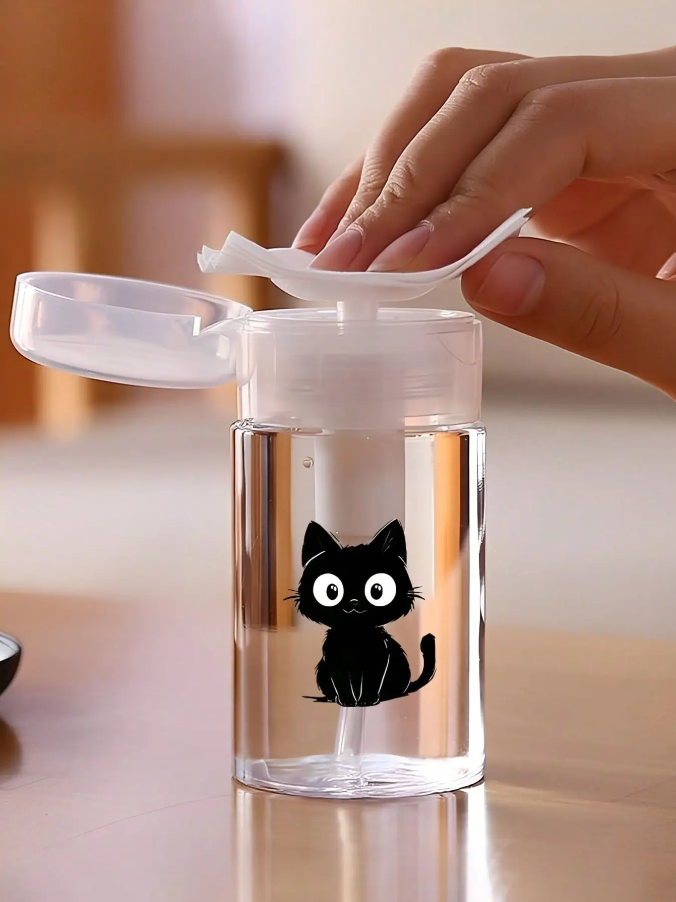 New black cat pattern transparent pet pump bottle, featuring a sturdy, transparent dome-shaped design. This refillable container is perfect for beauty products and convenient for travel, suitable for nail polish remover, toner, and makeup remover.