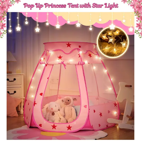 Modern Pink Pop-Up Princess Playhouse Tent for Girls (3-4 Years) - Starlight Feature, Collapsible Kids' Toy, Portable Ball Pit with Carry Bag, Removable Roof, Roll-Up Door, Indoor/Outdoor Development Gift for Birthdays, Easter, Valentine’s Day